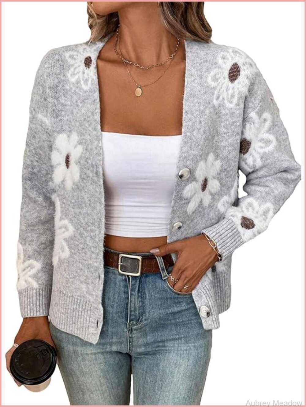 Floral Print Open Front Cardigan Sweater Long Sleeve V Neck Drop Shoulder Knit